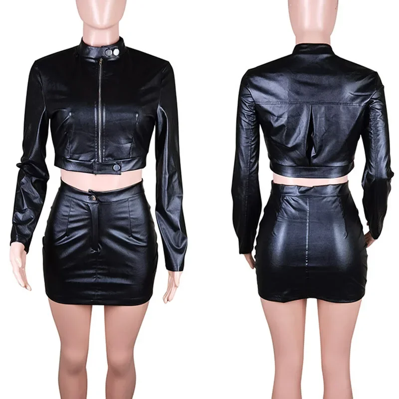 PU Faux Leather Dress Sets for Women 2 Piece Set Outfit Autumn Long Sleeve Jacket Top and Mini Skirt Moto Biker Matching Sets