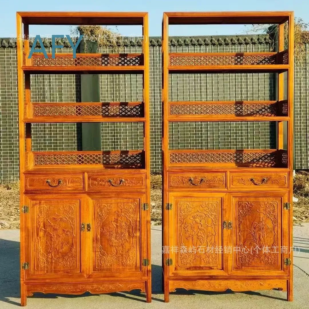 Vintage Elm Wood Bookshelf for Tea Set Display Cabinet for Chinese Antique Style Living Room Study Room Home Office Decor