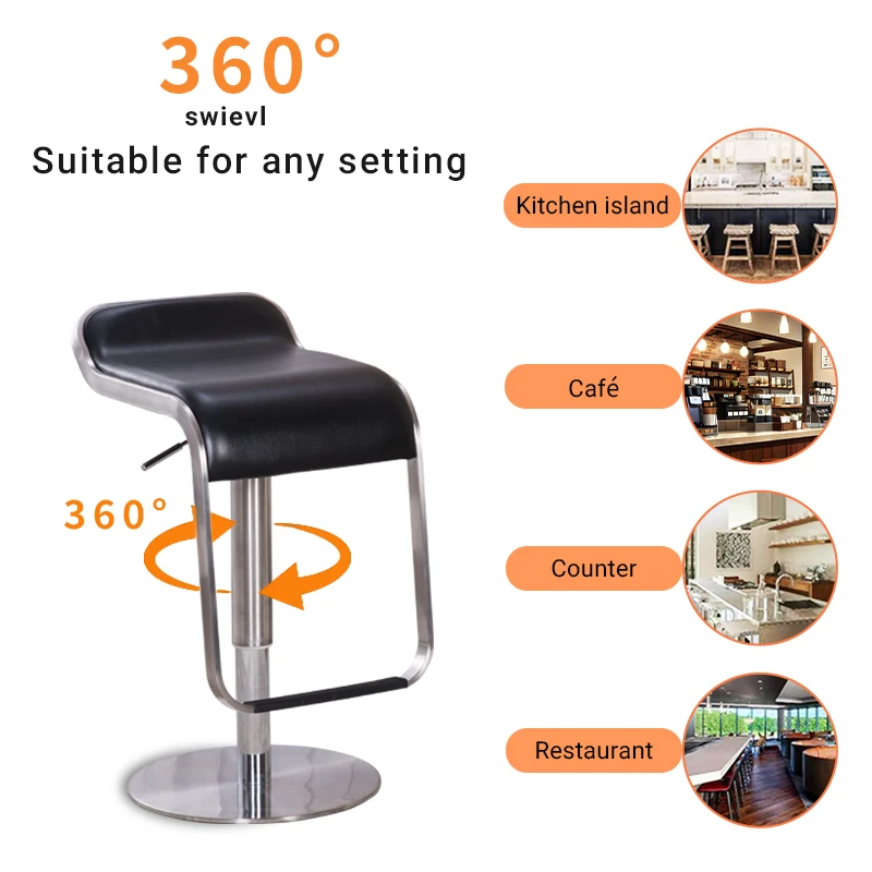 Silla de comedor giratoria moderna de lujo de cuero negro (1 unidad), con altura del respaldo ajustable, una silla de bar