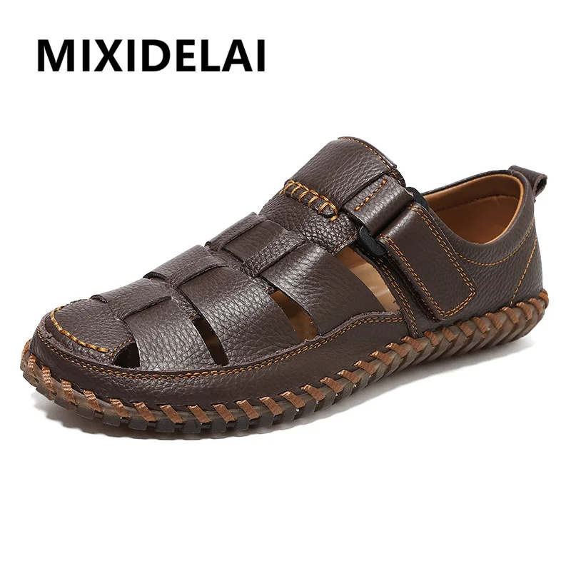 

Дизайнерские мужские сандалии ручной работы из натуральной кожи, модные сандалии с перфорацией, повседневные летние сандалии для мужчин, плоские сандалии для улицы.