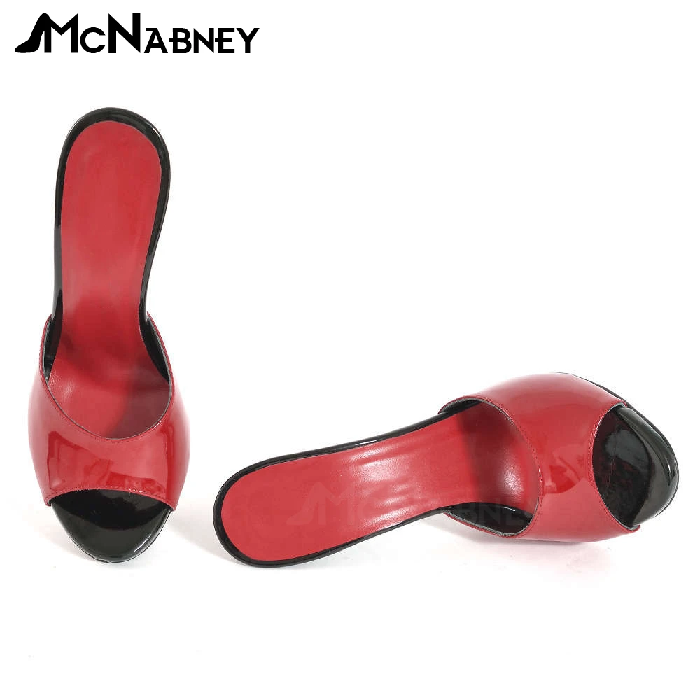 Red Needle Stiletto Mules Sexy Peep Toe Slippers Black and Red Patent Leather Summer Shoes Extremely High Heeled Stiletto Sandal
