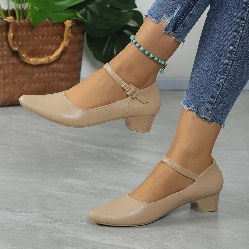 

Spring and Autumn New with A Word Buckle Work Shoes Pointed Thick Heel Single Shoes Fashion Comfortable Casual Women's Shoes