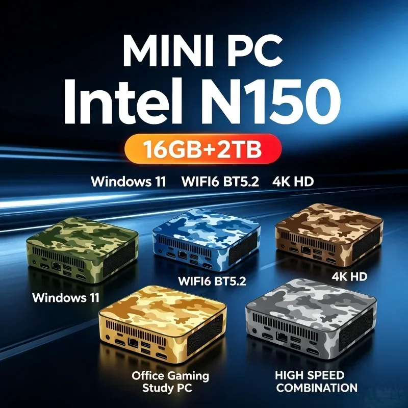 Intel N150 Camouflage Mini PC Host Windows11 16GB RAM Optional 1TB‑2TB SSD WiFi6 BT5.2 Compact Desktop For Home Office Game