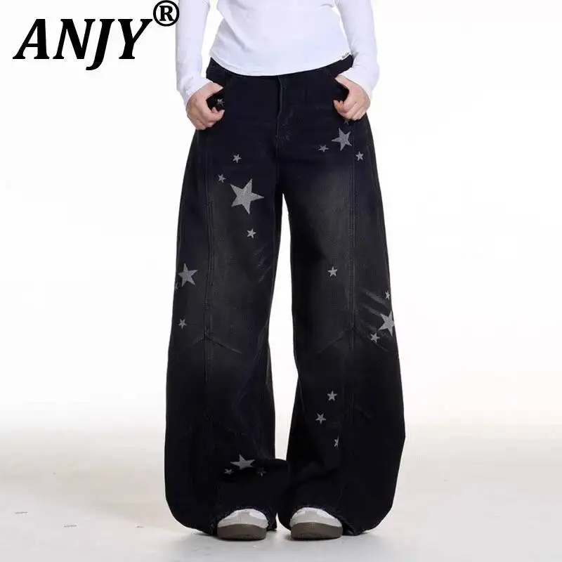 

ANJY Spring Autumn New Women Washed Vintage Print Design Versatile Wide Leg Jeans Trendy Loose Distressed Ins Denim Pants A22935