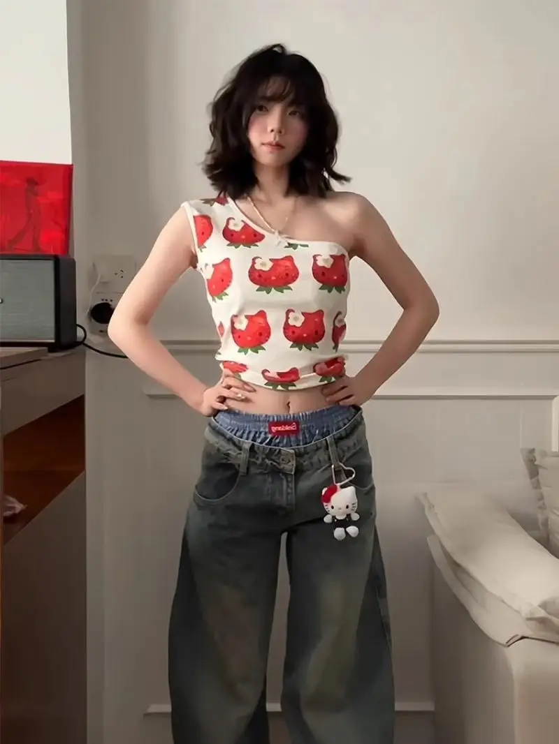 Sanrio Vest Kawaii Hello Kitty Women's Sling Vest Summer with Chest Pad Pure Desire Suspenders Pajamas Sweet Girl Women's Vest