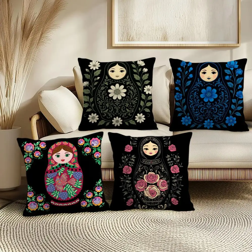 Matryoshka doll Flower Cushion Cover Soft Short Plush Pillow Cover Smooth Cozy Texture Aesthetic Cushion Case Home Decor