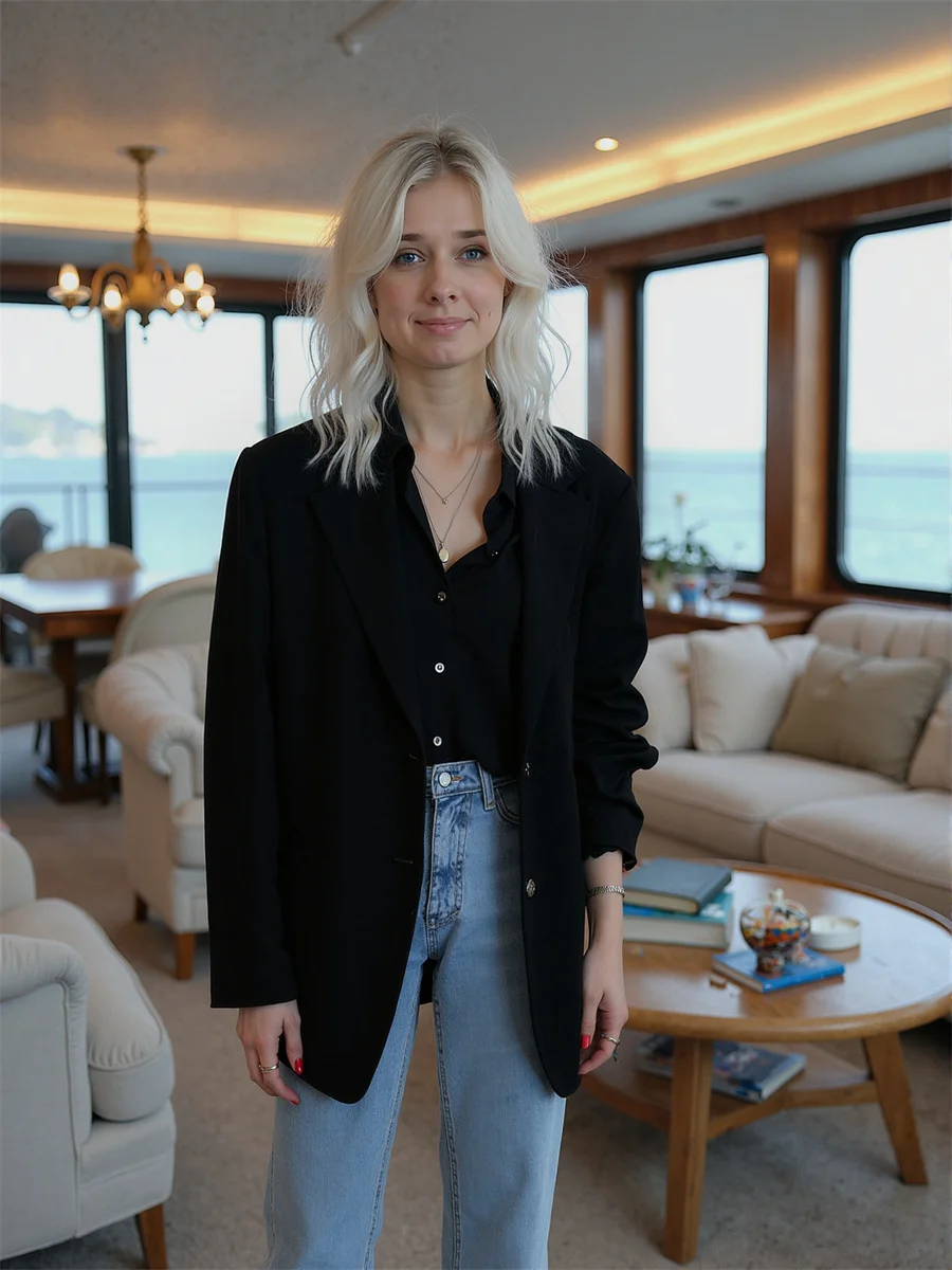 Blazer noir pour femmes, col rabattu, décor de fourche, taille serrée, couleur extensible, brillant, flottant, manches longues, Midi Business