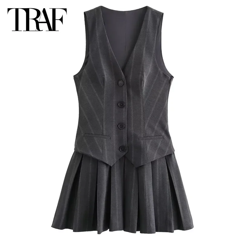 TRAF Pleated Short Dresses Women 2024 Vestidos Summer Autumn Grey Striped Sleeveless Sundress New Dress Casual Women's Dresses