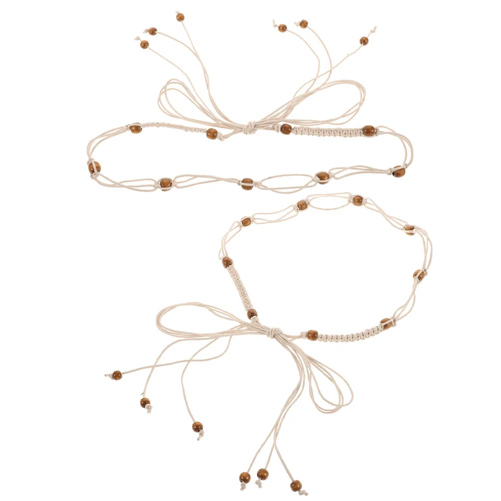 

2Pcs Bohemian Style Macrame Waist Belt Women Adjustable Handwoven Beaded Rope Tassel Belt Belts for Women Ethnic Rope Waistband