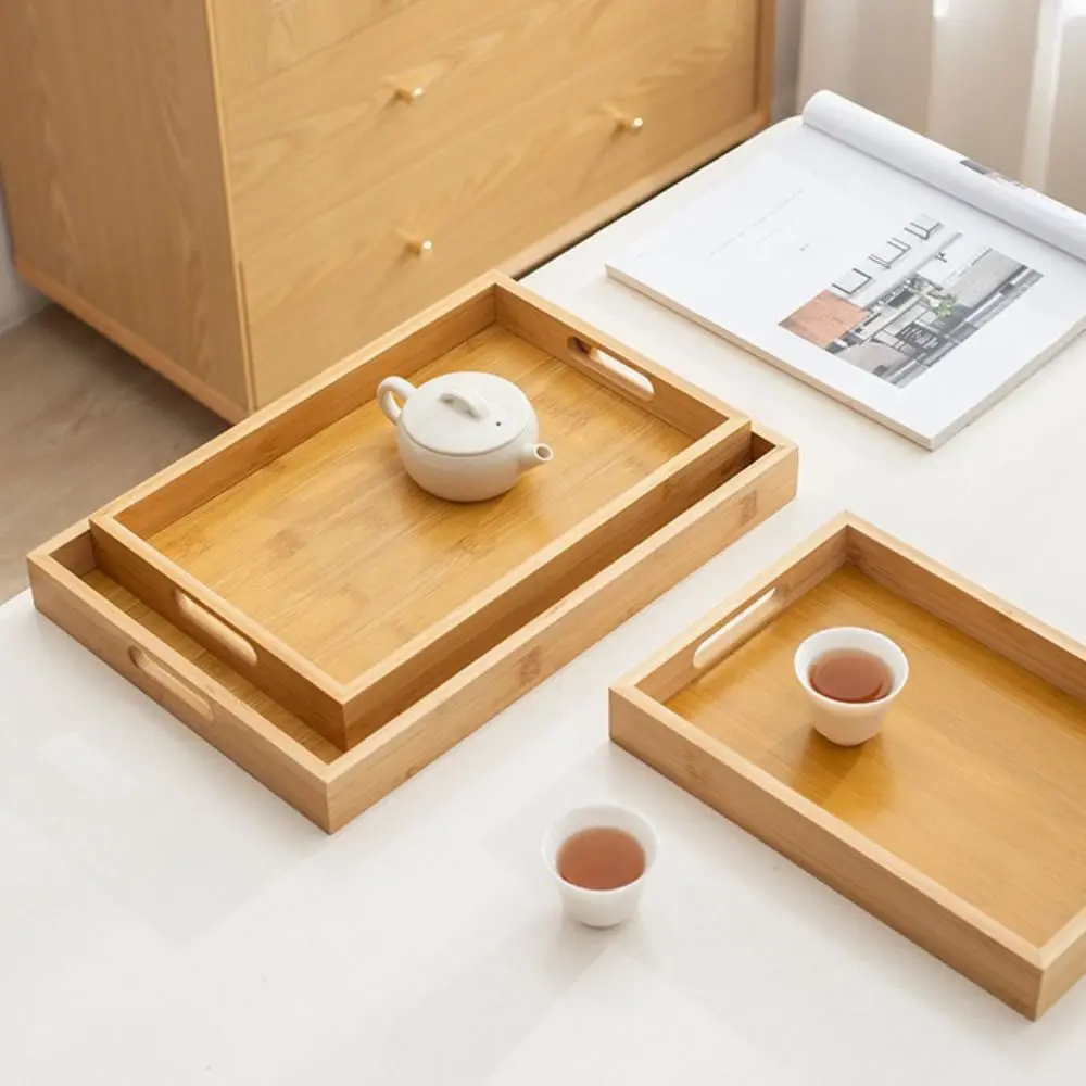 Decorate Tray Rectangular Bamboo Wooden Tray Natural Wood With Handle Food Storage Trays Dessert Pallet Home