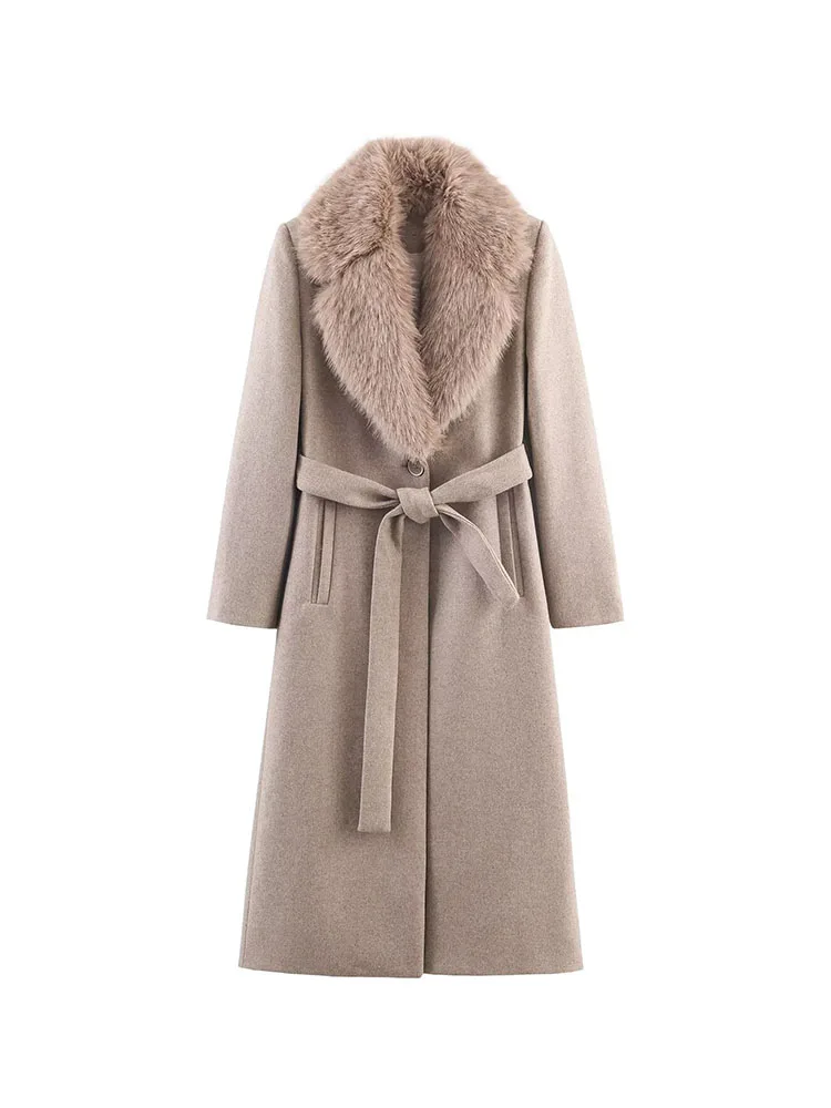 

HH Women’S Winter Artificial Fur Effect Lapel Long Sleeves Belt Decoration Single-Row Buckle Long Coat Madam Leisure Coat