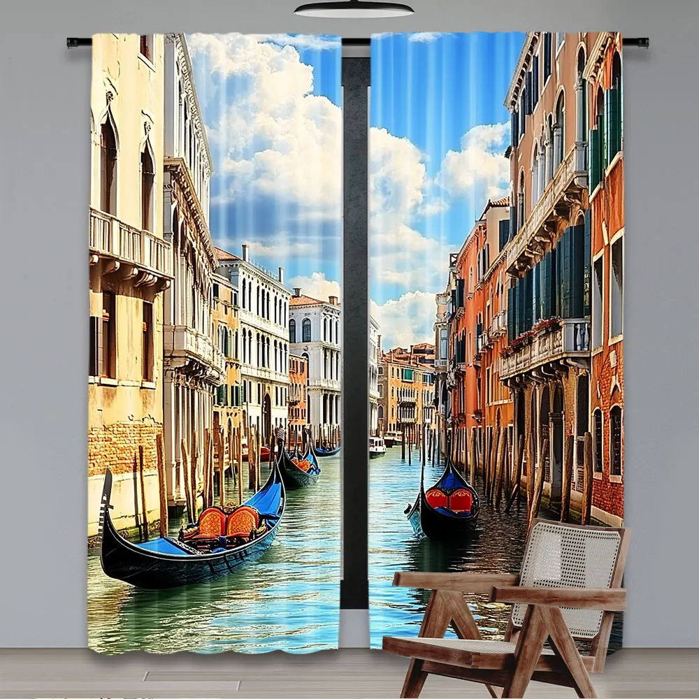 2Pcs Venice Town Street Curtain Italy Traditional Buildings Canal Bridge Boats For Living Room Bedroom And Many Other Occasions