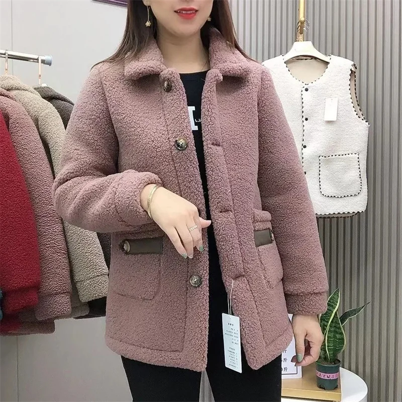 Chaqueta acolchada de lana de cordero de imitación para mujer, de Color sólido con bolsillo abrigo grueso, Parkas de piel para madre, invierno,