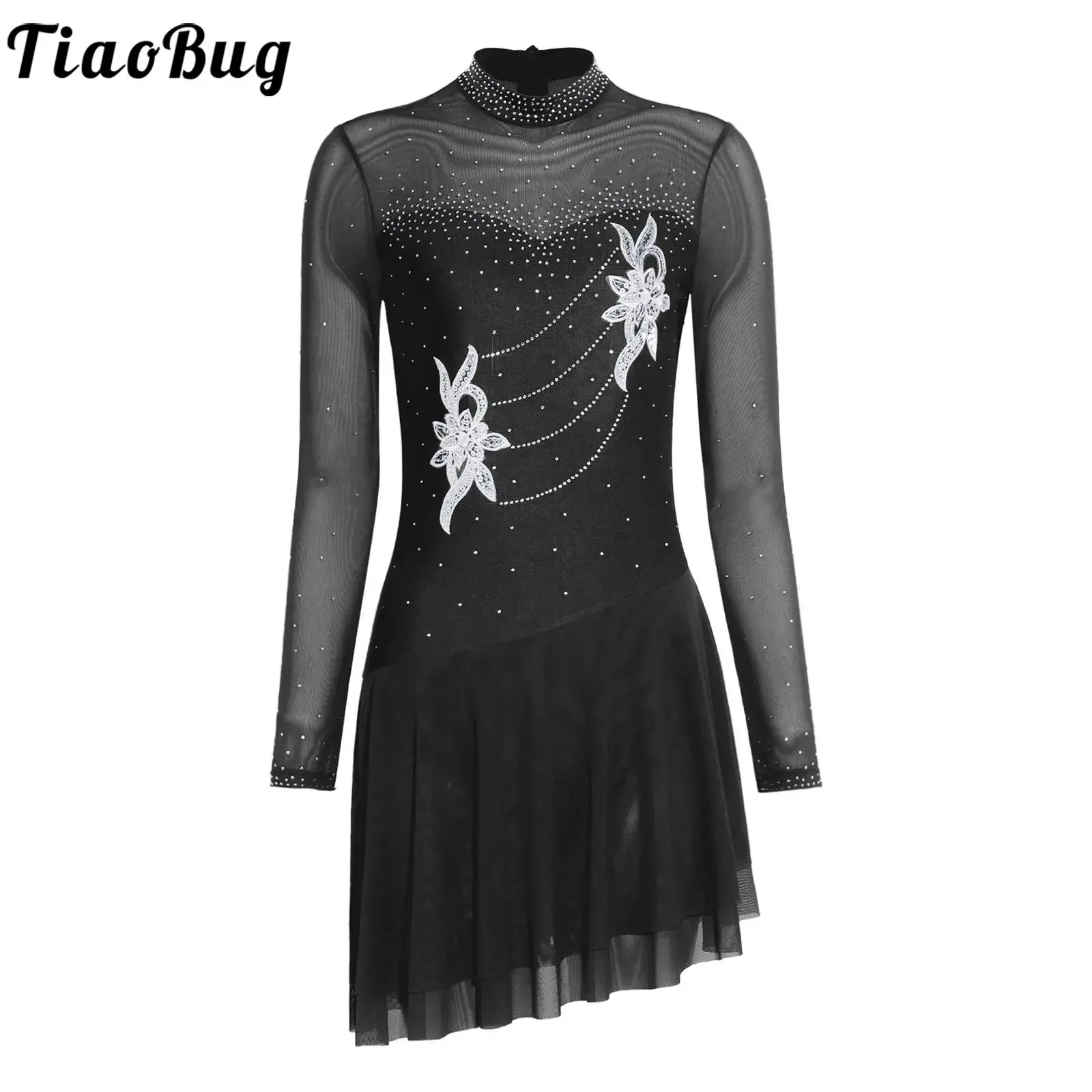 

Женское сетчатое платье для фигурного катания и лирического танца с пайетками, аппликацией, длинными рукавами и юбкой, гимнастический купальник-боди для балета и танцев