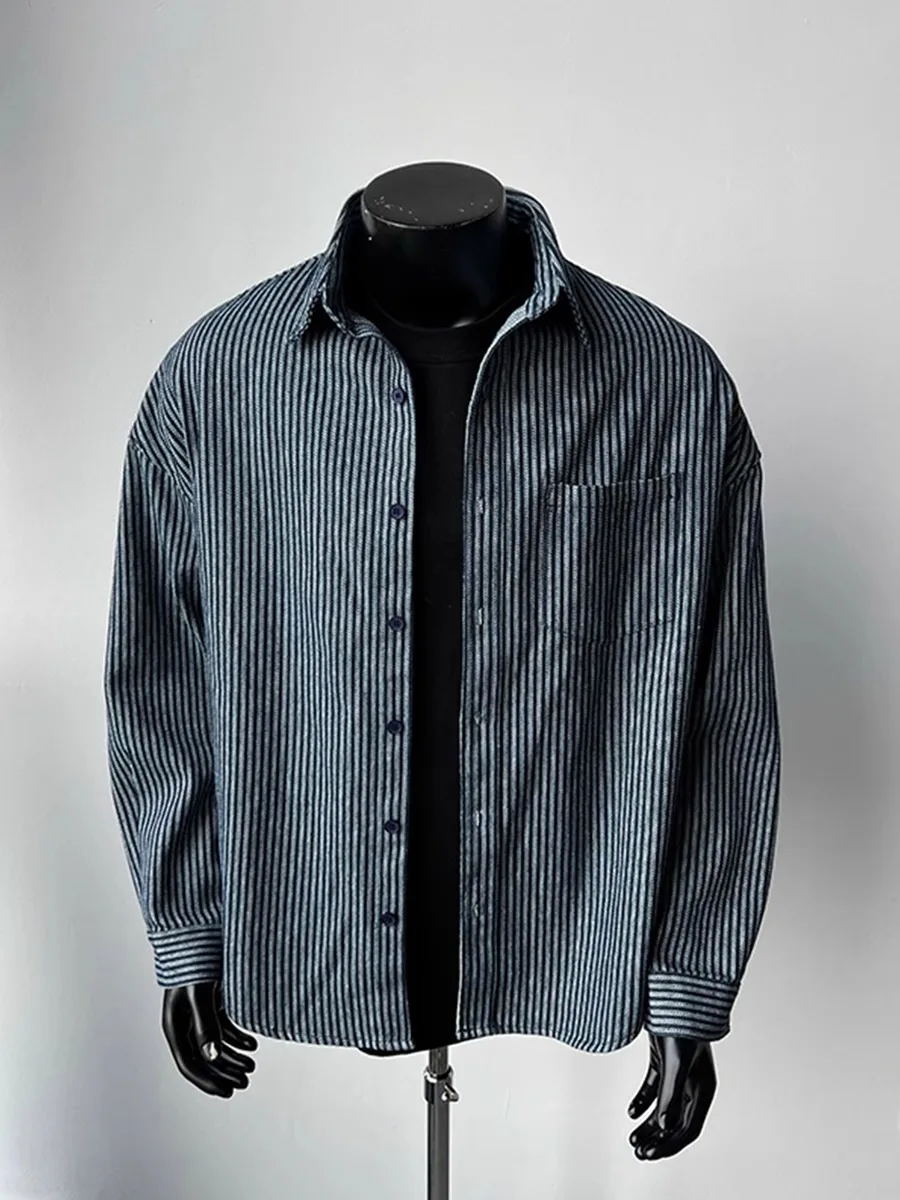 

Мужская рубашка в американском ретро-стиле с синими полосками, длинным рукавом, свободного кроя, не требующая глажки, для повседневной носки, весенняя верхняя одежда