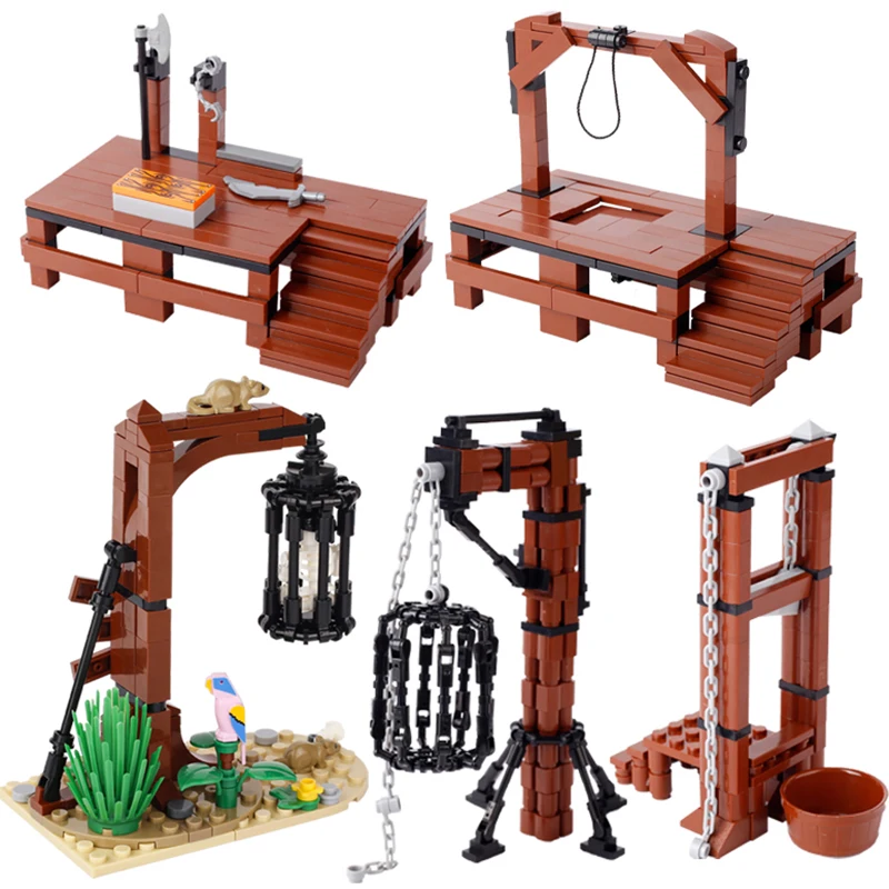 MOC-Kit de bloques de construcción de guillotina para niños, jaula colgante Medieval, Escena de mediana edad, banco de prueba, bloques de montaje,