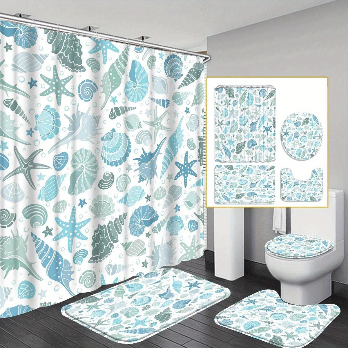 

Наборы для ванной комнаты серии Seahorse Shell из 4 предметов, занавески для душа, противоскользящие коврики, U-образные коврики для сиденья унитаза, коврики для сиденья унитаза