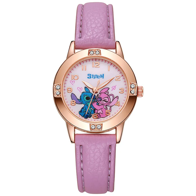 Cartoon Pattern Stitch Girls Watches for Kids Leather Strap Children Watch with Rhinestone Dial reloj stich Exquisite Gift