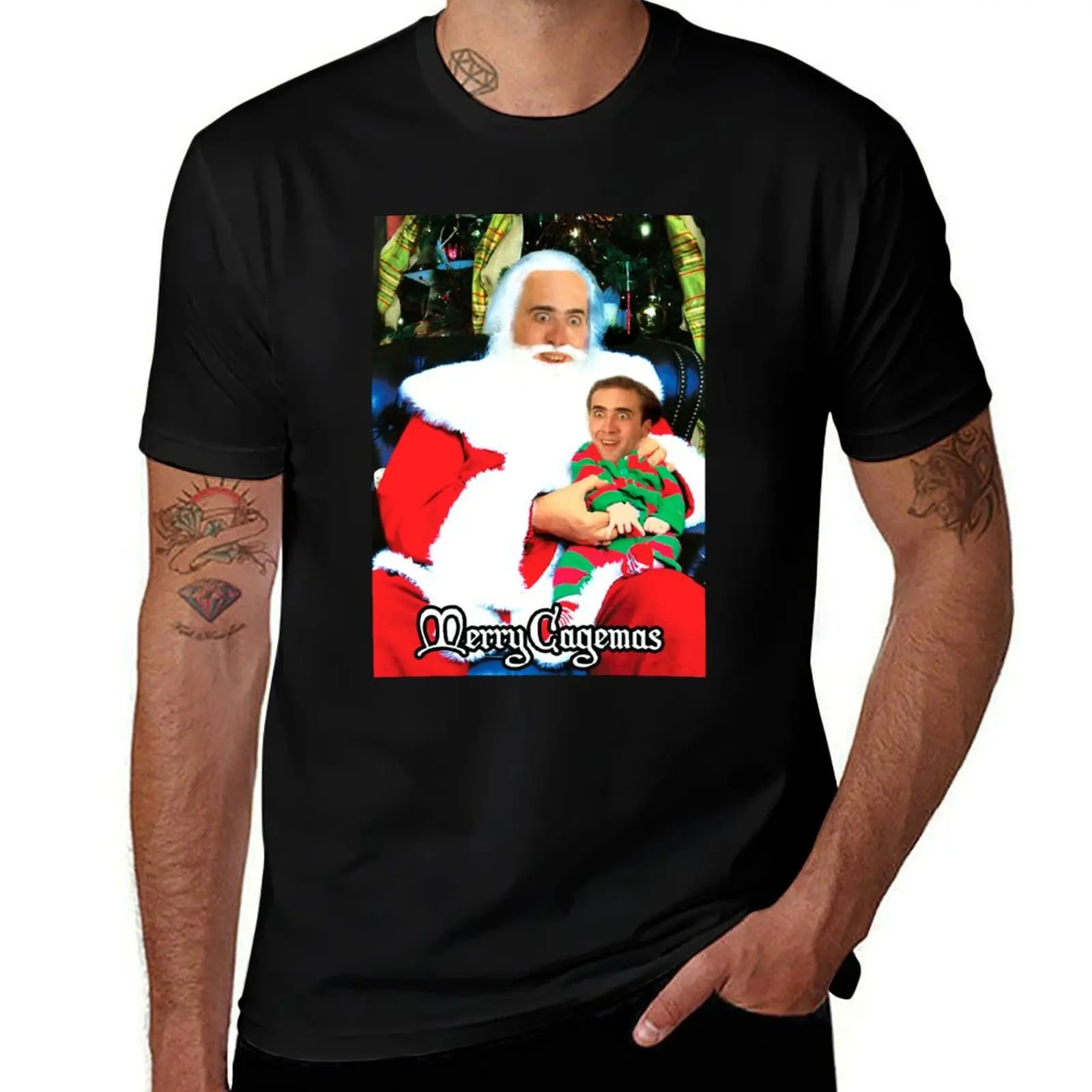 Merry Cagemas Santa Knee Nicolas Cage Christmas T-Shirt Big and Tall Casual T-Shirt