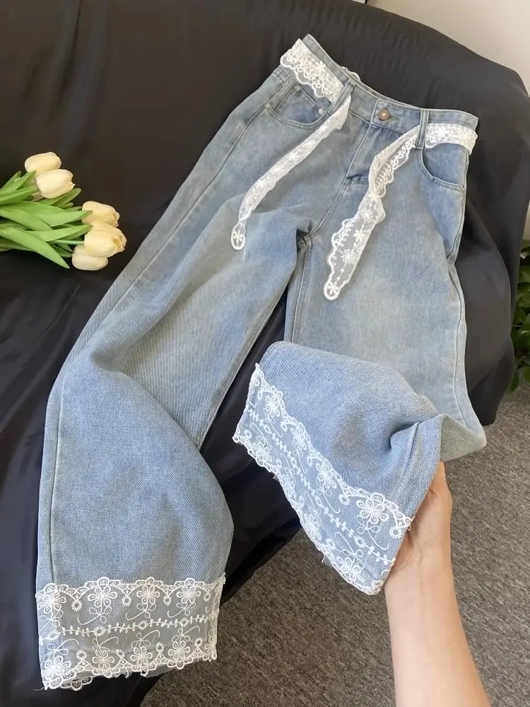 Calças de Denim de Cintura Alta com Detalhes em Renda Retro Americana para Homens e Mulheres Moda de Verão Calças Largas e So...