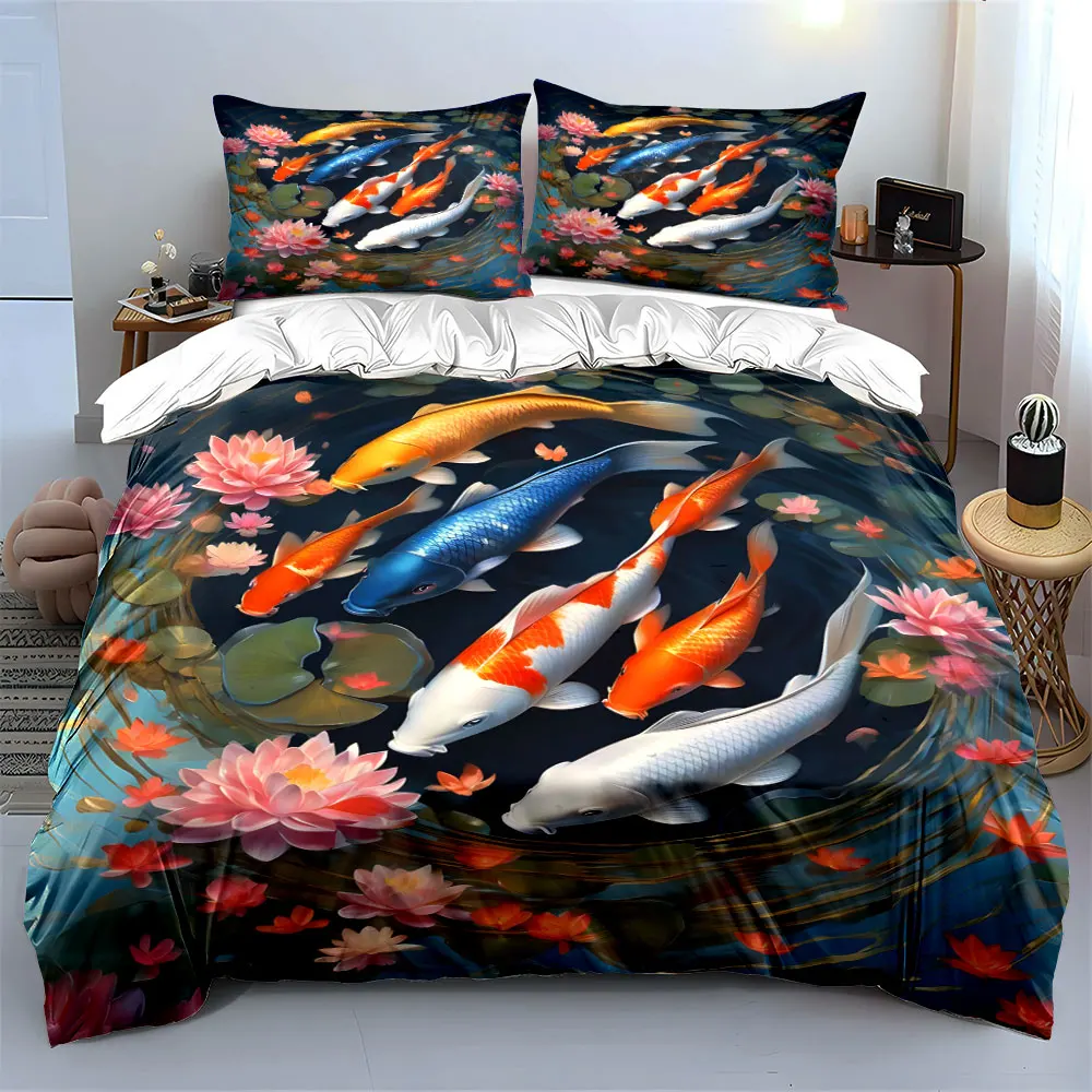 Multiple Sizes Koi Fish in Lotus Pond Print Bedding Set 1 Duvet Cover 2 Pillowcases for Adult and Children Luxury Gift Full Size
