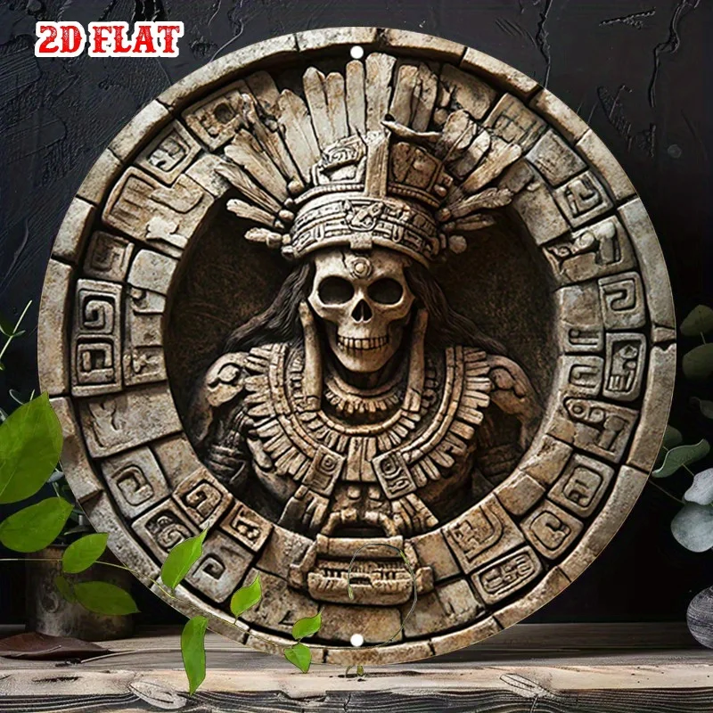 [2D Flach] 1 Stück Maya-Totenkopf-Kalender Metallposter - Runde Wandkunst, Inspiriert vom Azteken-Design, Filigrane Schnitzereien für Wohnzimmerdekoration