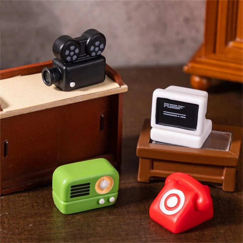 5 قطعة زخرفة مصغرة خمر راديو نموذج الراتنج مصباح مكتبي صغير الكمبيوتر الهاتف الثابت للأطفال منزل مصغر
