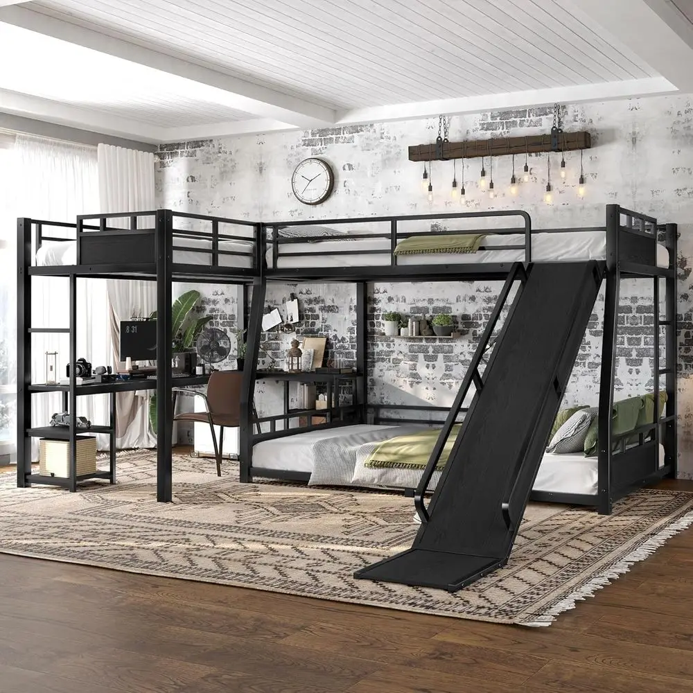 Heavy Duty Triple Bunk Bed, Twin XL Over Queen L-Shaped with Slide, Desk, and Storage, Black