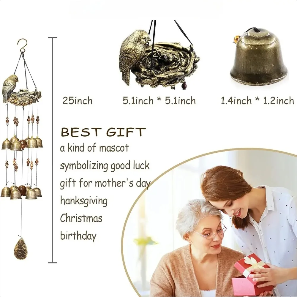 Bird Nest Wind Chimes,Wind Chimes for Outside with 12 Wind Bell for Glory Mothers Love Gift,Bird Bells Chimes Hanging Decoration