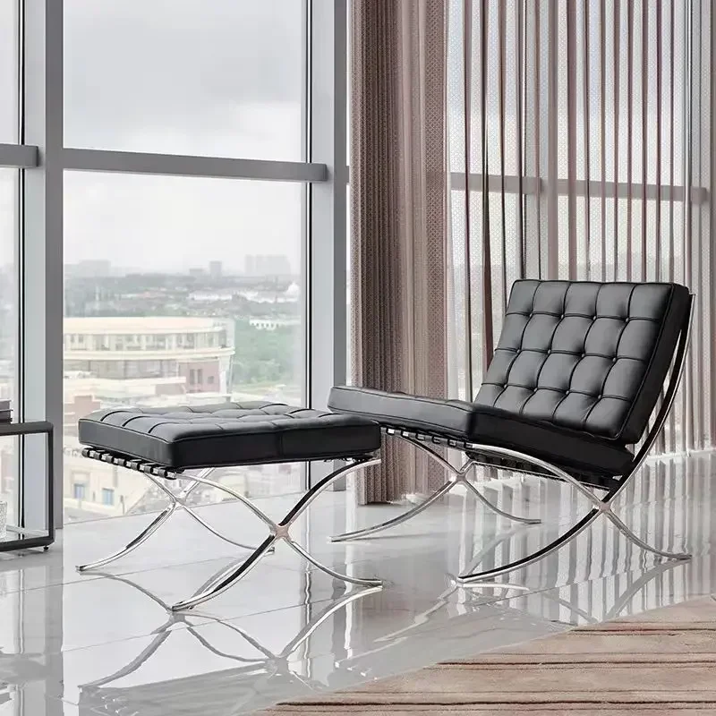 High-end Modern Single Black Accetnt Leather Silla Barcelona Chair Lazy Leisure Lounge Chair Cushion Metal Leg Sofa Chair