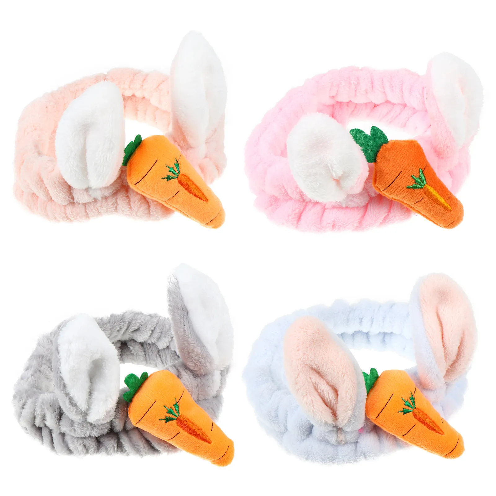 4Pcs Rabbit Ears Hair Band with Carrot Design Soft Elastic Headband for Face Washing Makeup Application Face Mask Use Lovely