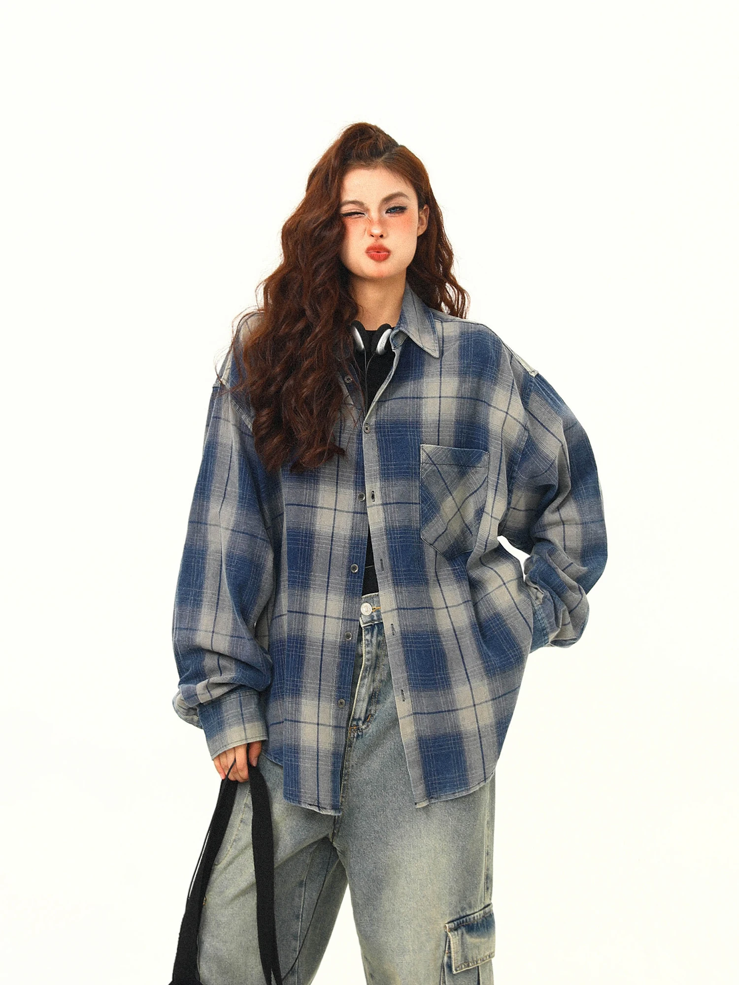 

Wild American Retro Street Plaid irt Women's Loose Oversize id irt Trendy Polyester Fiber Long Sve Collar