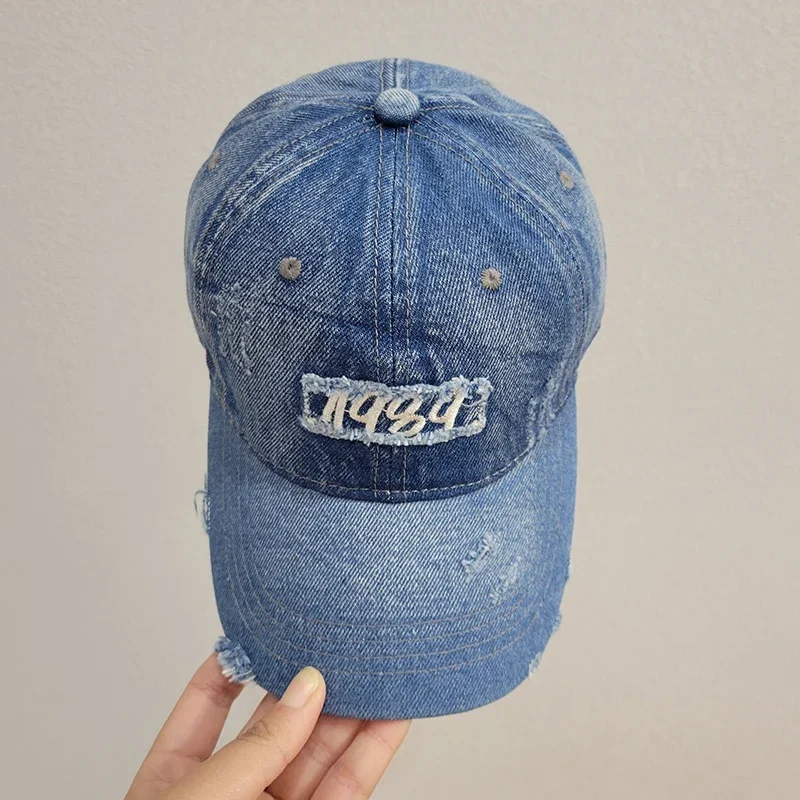 Retro Denim Baseball Cap for Women Mens Caps Distressed Ripped 1989 Embroidery Trucker Hat