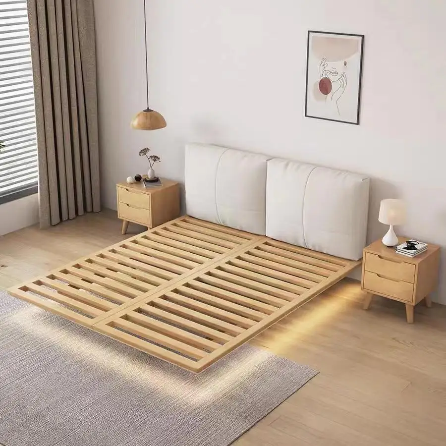 Suspended bed, solid wood, master bedroom, double, high-end, with lamp, cream wind, small apartment