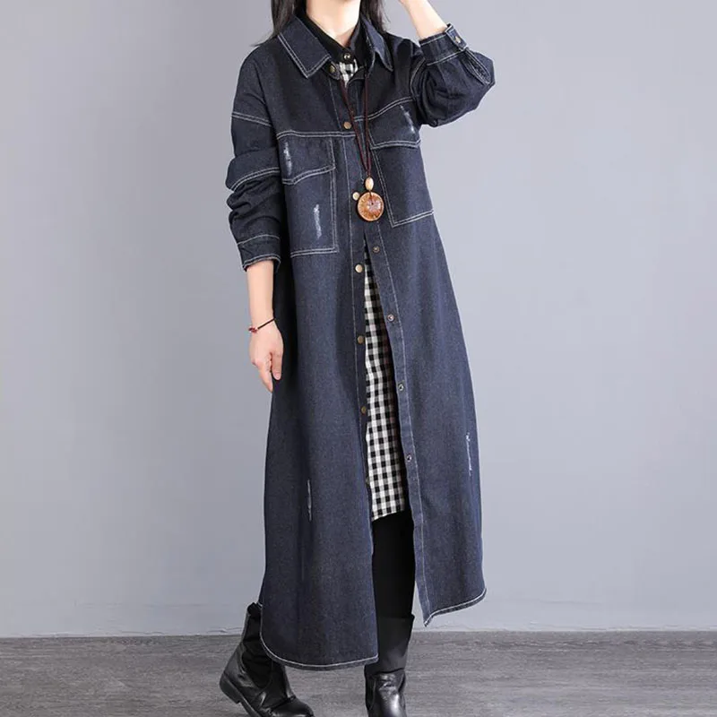 Große Größe frauen Koreanische Denim Hemd Kleid Frühling Lose Lange Denim Mantel Weibliches Hemd Lange Kleider einreiher JJ628