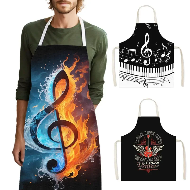 Fashion Music Note Print Cooking Aprons Guitar Piano Pinafore Household Cleaning Clothing BBQ Chef Linen Kitchen Aprons Gift