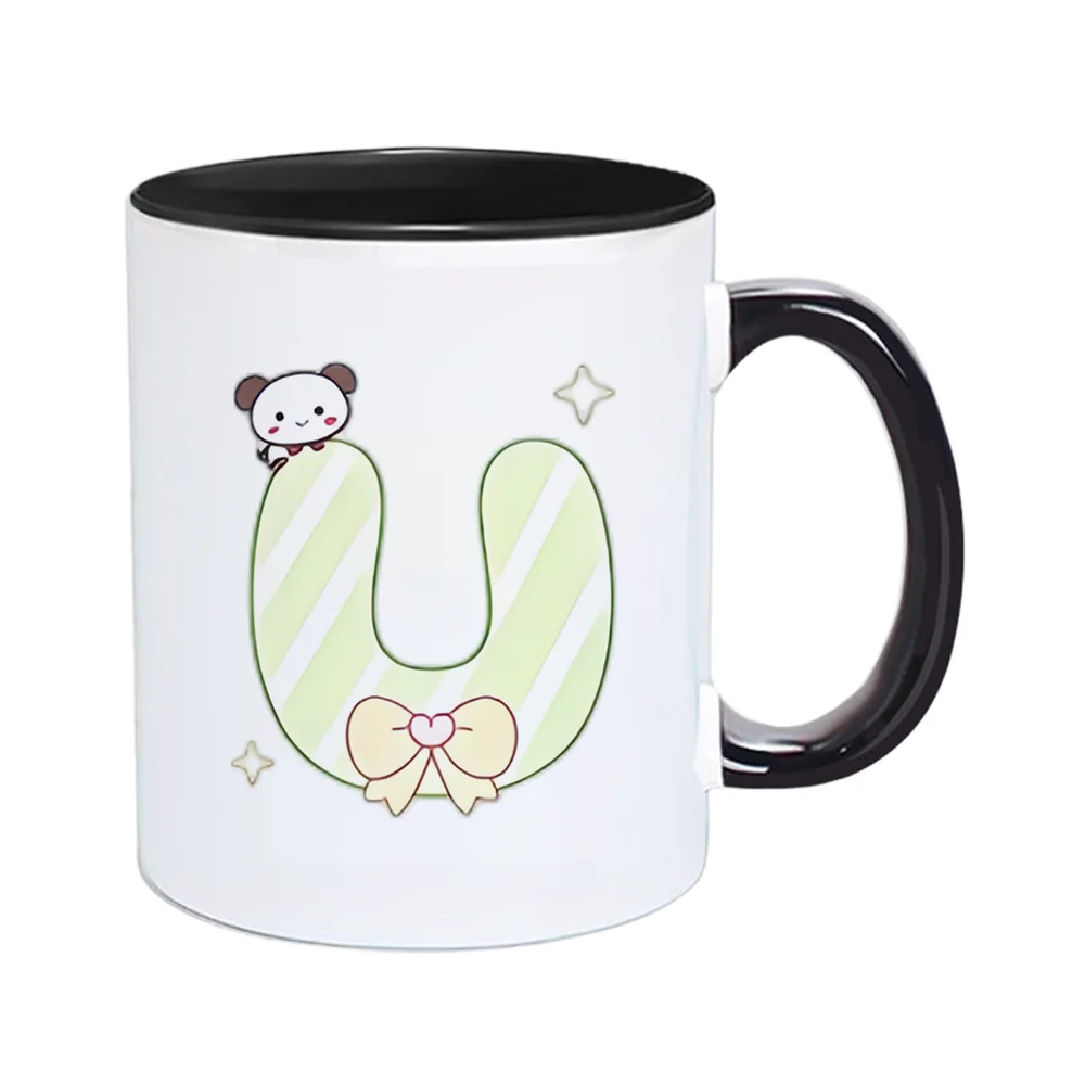 11oz Ceramic Coffee Mug with Green Striped U-Shaped Panda Print and Bowknot Design for Home Use Office Drinking Birthday Party H