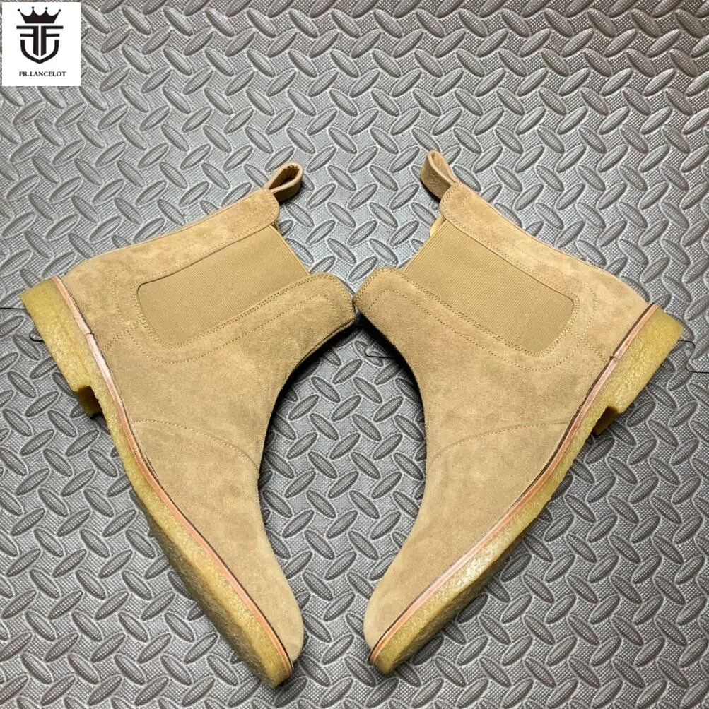 Factory Real Photo men suede leather boots slip on casual ankle booties male party shoes light yellow mens boot western cowboy