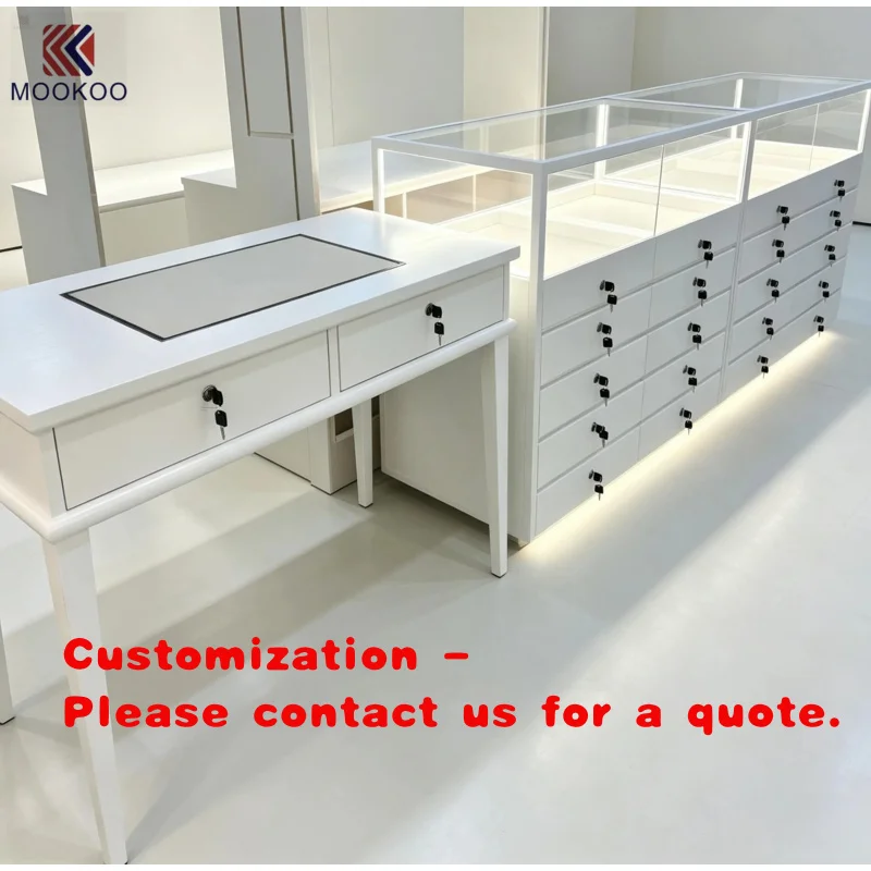 custom.Matte White Multi-Tier Lockable Drawer Base Jewellery Vitrine Island Counter, LED Lighted Glass Display Hood