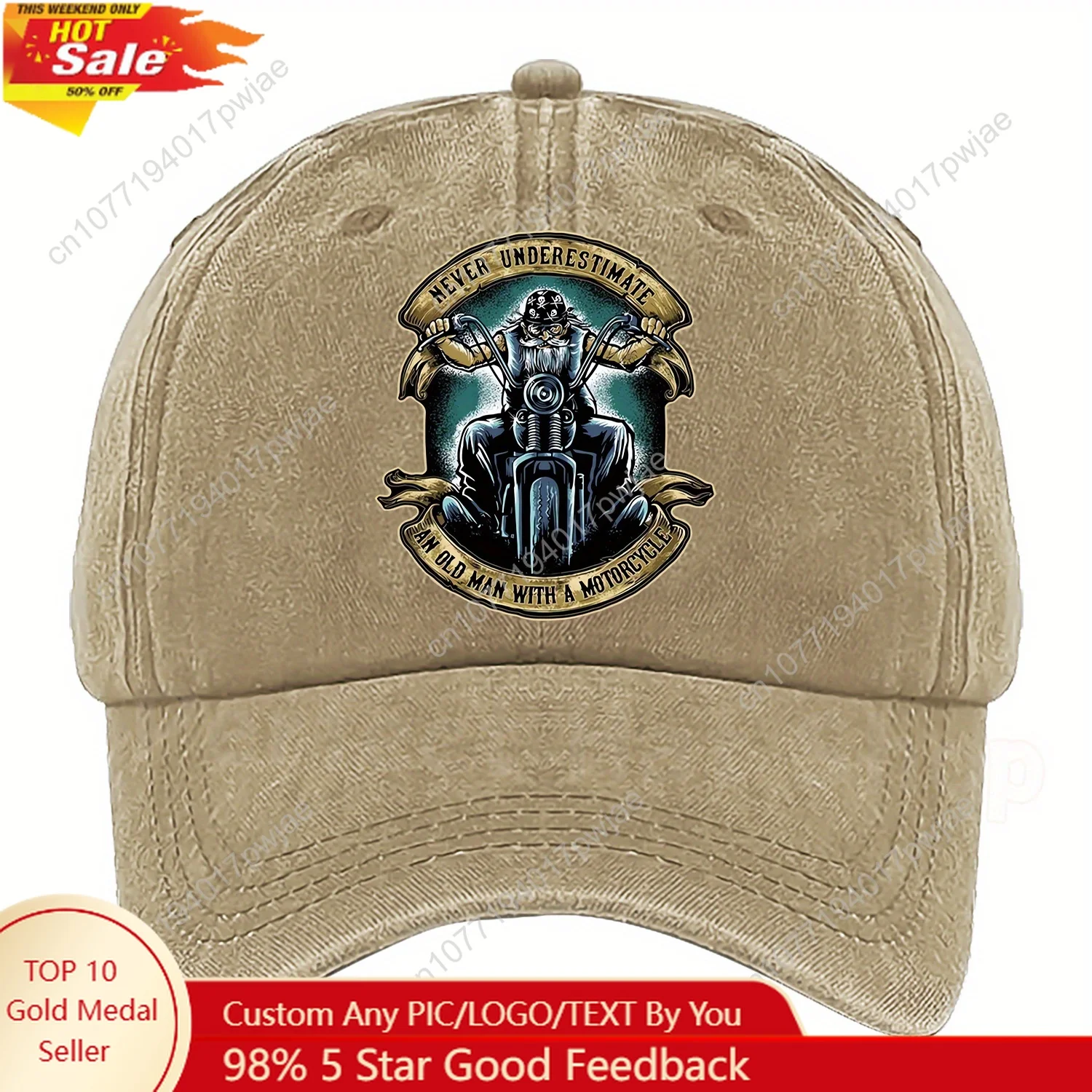 

Motorcycle Old for Man Cartoon "NEVER UNDERESTIMATE AN OLD for Man with A MOTORCYCLE" Print Baseball Cap, Adjustable Size in Mul