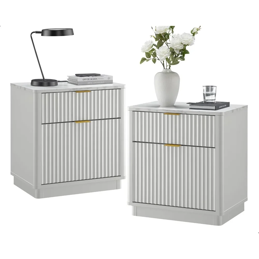 

23'' Fluted Nightstand Set of 2 with Charging Station, Large 2 Drawer Bedside Table, Modern End Table with Storage, Mid Century