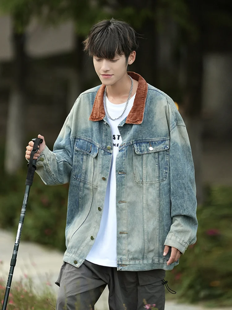 

Мужская джинсовая куртка в стиле ретро: модная, высококачественная рабочая одежда, американская винтажная осенняя верхняя одежда с длинными рукавами и декоративными пуговицами