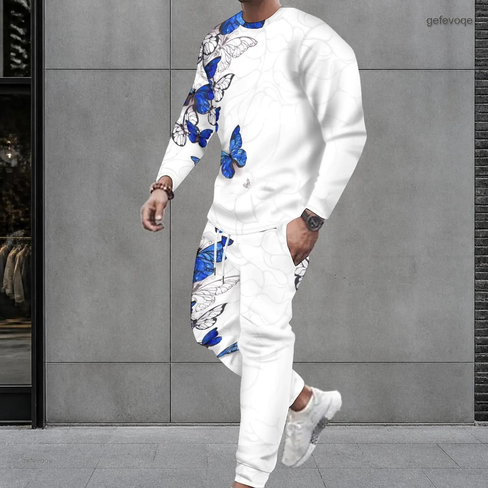 Men White Base Blue Butterfly Printed Round Neck Long Sleeve Top and Cuffed Pants Two Piece Set