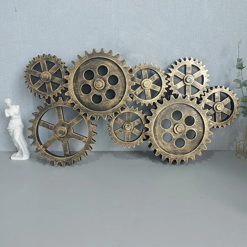 Retro Wooden Gear Wall Deco Industrial Wind Clocks Walls Hanging Bar Living Room Loft Wall Decor Pendant sets