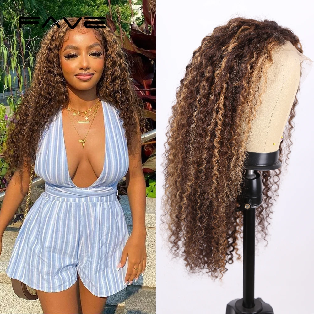 FAVE 24 26 Inch Highlight Ombre 13x4 Lace Front Wig Curly Human Hair Wigs Honey Blonde Colored Lace Frontal Wigs For Black Women