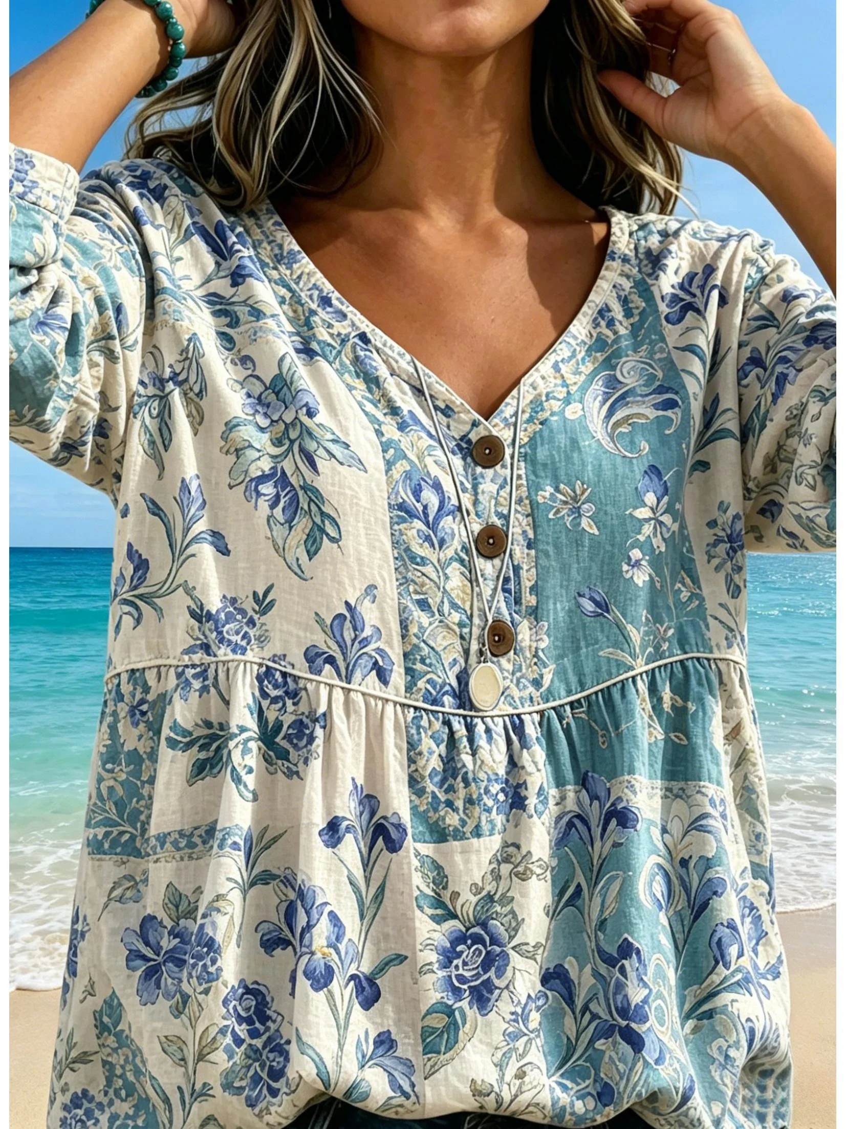 Iris Floral Patchwork Shirt Women Color Block V Neck Wooden Fastener 3/4 Sleeve Airy Fabric Vintage Library Wear - view 3