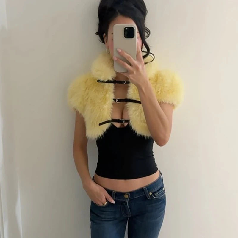 TARUXY Stand-Collar Vest Fur Coat Women's Lapel Collar Solid Short-Sleeved Button Closure Crop Top Ballroom Show Costumes Female