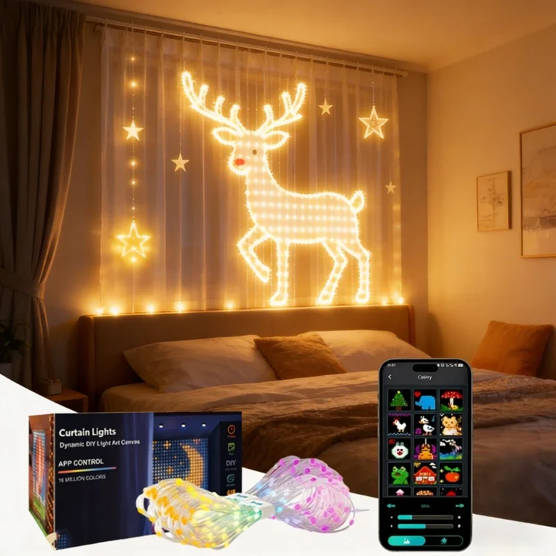 DIY LED Curtain Lights Fairy String Lights Remote App Pattern Display for Bedroom Outdoor Christmas Window Backdrop Decor
