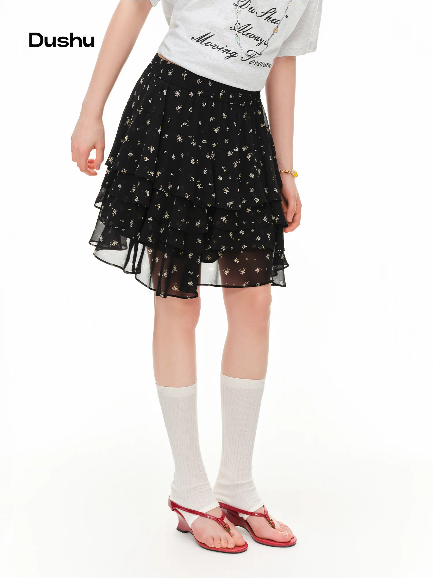 DUSHU 2026 Summer Women's Floral Print Asymmetric Tiered Skirt - Quietly Edgy Style for Urban and Daily Outings