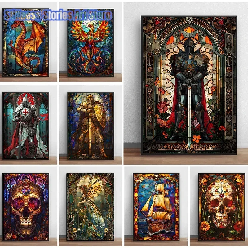 Fantasy Stained Glass Canvas Painting Vintage Golden Knight Skull Dragon Poster Print Wall Art Picture Home Living Room Decor